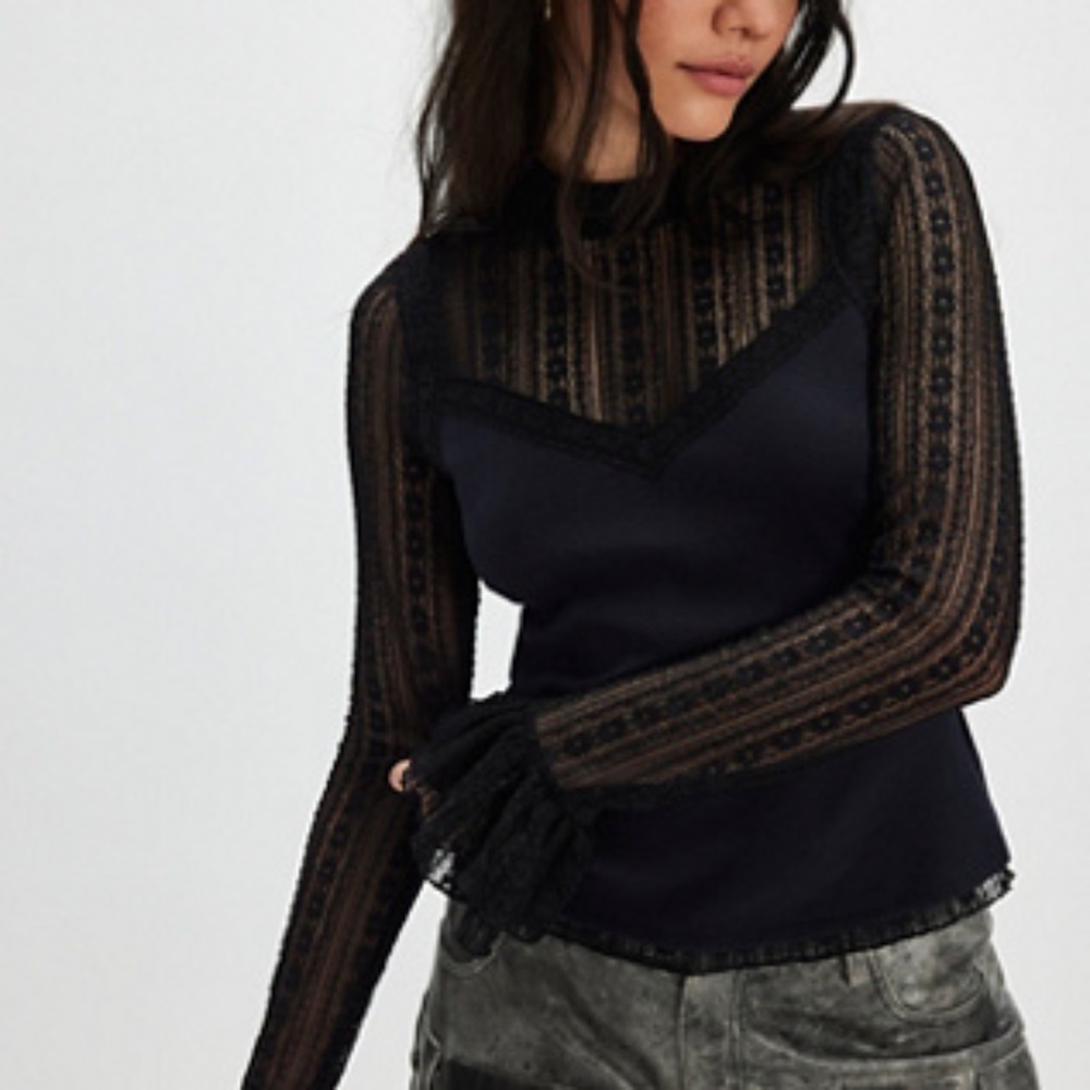 Free People Black Lace Long Sleeve Top Size XS